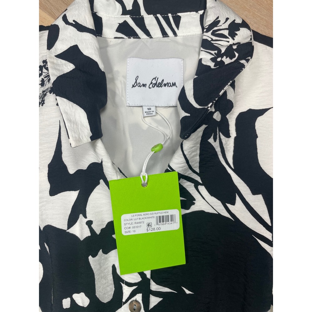 Sam Edelman NWT Floral Button Front Dress Black White Belted Size 10 - Picture 3 of 8